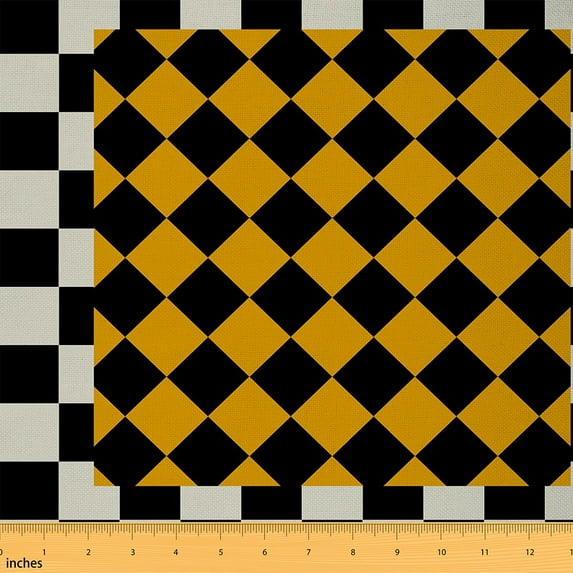 Castle Fairy Geometric Plaid Fabric by the Yard 3 Yards for Teens,Black Yellow Sewing Fabric,Minimalist Lattice Fabric for Sewing,Luxury Bedroom Decor