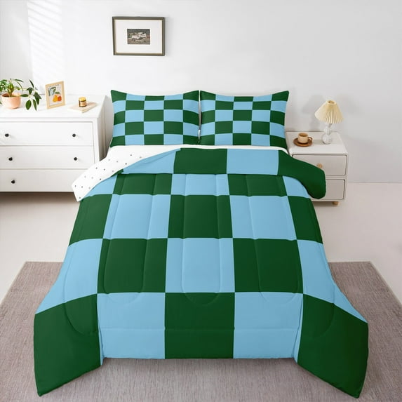 Castle Fairy Geometric Plaid Full Size Comforter Sets,Green Blue Bedding Sets