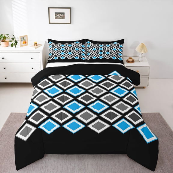 Castle Fairy Geometric Plaid Full Size Comforter Sets,Minimalist Checkered Bedding Sets