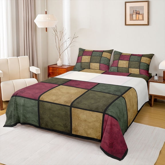 Castle Fairy Geometric Plaid Twin Sheet Sets 3pcs for Boys Girls,Vintage Aesthetic Twin Fitted Sheet Microfiber,Abstract Retro Grid Breathable Flat Sheet,Microfiber Bedroom Decor