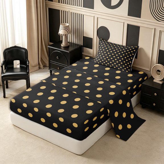 Castle Fairy Geometric Polka Dot Twin Sheets 3pcs,Minimalist Circle Spot Bedding,Gold Black,1 Flat Sheet, 1 Fitted Sheet and 1 Pillowcase