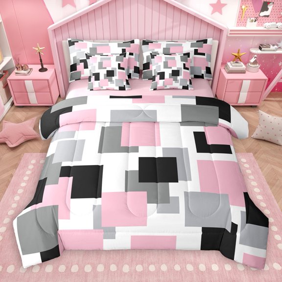 Castle Fairy Geometric Rectangle 7-Piece Bedding Comforter Set for Teenagers,Abstract Minimalist King Bedding Sets,Vintage Aesthetic Ultra Soft Bed Sheets,Microfiber Bedroom Decor