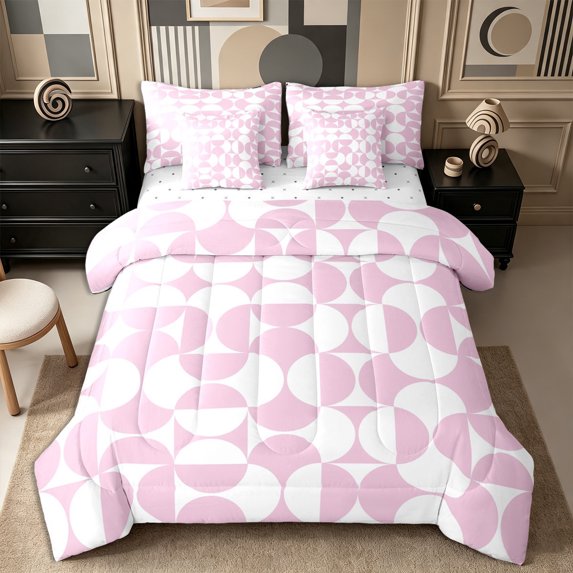 Castle Fairy Geometric Split Circle Queen Bedding 7pcs,Retro Curved Bedding Comforter Set Queen,Pink White,Reversible