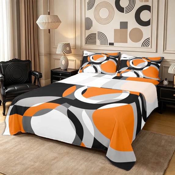 Castle Fairy Geometric Stacked Ring King Sheets 4pcs,Retro Concentric Circle Bedding,Orange Gray Black White,1 Flat Sheet, 1 Fitted Sheet and 2 Pillowcases