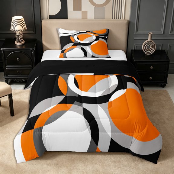 Castle Fairy Geometric Stacked Ring Twin Comforter Sets 2pcs,Retro Concentric Circle Bedding Set,Orange Gray Black White,Reversible,1 Comforter and 1 Pillowcase