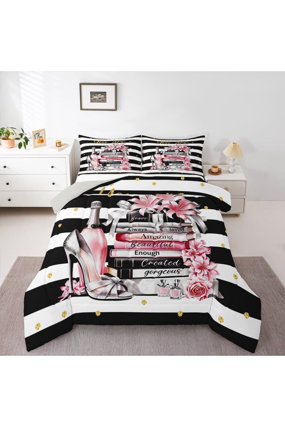 Geometric Stripes 3 Pieces Queen Comforter Set,Pink Fashion Ultra Soft Bedding Sets,Bling Glitter Bedding Comforter Set,Ultra Soft Floral Home Decor,Reversible