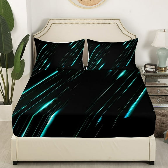 Castle Fairy Geometric Stripes 4-Piece Full Size Sheets,Black Teal Bed Sheets,Neon Lights Lightweight Sheet Sets,Luxury Boys Bedroom Decor