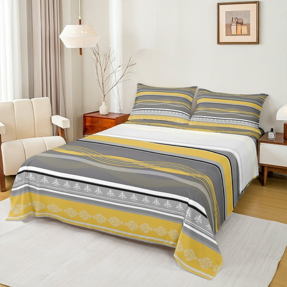 Castle Fairy Geometric Stripes 4 Pieces Queen Sheet Sets for Men Women,Bohemian Damask Ultra Soft Flat Sheet,Minimalist Theme Queen Fitted Sheet,Microfiber Bedroom Decor