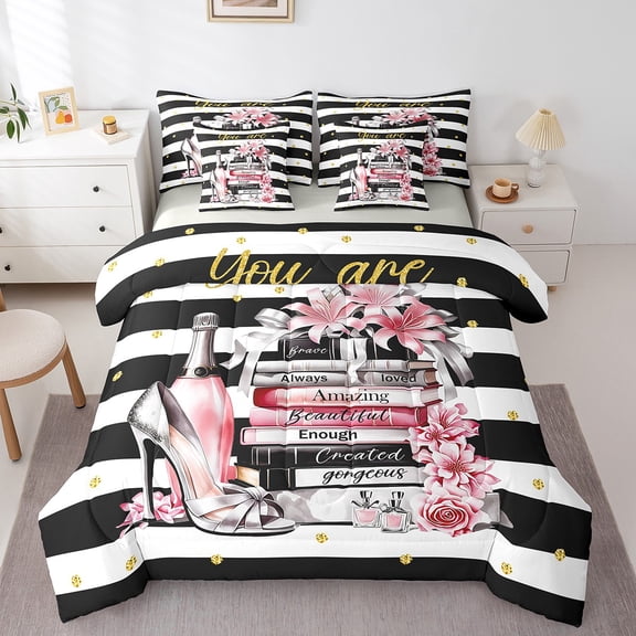 Castle Fairy Geometric Stripes 7-Piece Bedding Comforter Set,Pink Fashion King Bedding Sets,Bling Glitter Ultra Soft Bed Sheets,Ultra Soft Floral Home Decor,Reversible