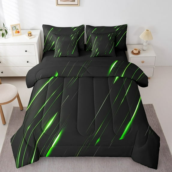 Castle Fairy Geometric Stripes 7-Piece Twin Bedding Sets,Black Green Bedding Comforter Set,Neon Lights Breathable Sheet Sets,Luxury Boys Bedroom Decor,Reversible
