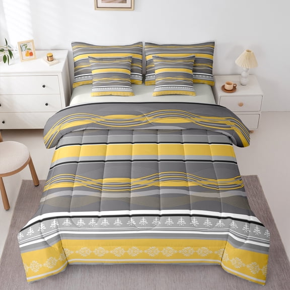 Castle Fairy Geometric Stripes 7 Pieces Bedding Comforter Set for Men Women,Bohemian Damask Full Bedding Set Lightweight,Minimalist Theme Fitted Sheet Flat Sheet,Microfiber Bedroom Decor