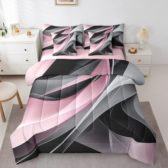 Castle Fairy Geometric Stripes Girl 7 Pieces Bedding Comforter Set,Black Pink Full Bedding Set Lightweight,Abstract Vintage Fitted Sheet Flat Sheet,Luxury Bedroom Decor