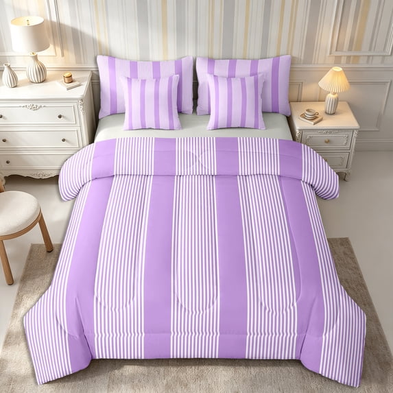 Castle Fairy Geometric Thin Vertical Stripe 7-Piece Twin Bedding,Mid Century Wide Band Bedding Comforter Set,Lavender White,Reversible