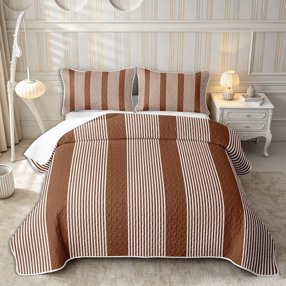 Castle Fairy Geometric Thin Vertical Stripe Quilt King 3 Pieces,Mid Century Wide Band King Coverlet Set,Coffee White,1 Bedspread and 2 Pillowcases