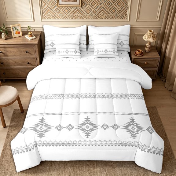 Castle Fairy Geometric Tribal Aztec Queen Bedding 7pcs,Bohemian Triangle Pattern Bedding Comforter Set Queen,White Gray,Reversible