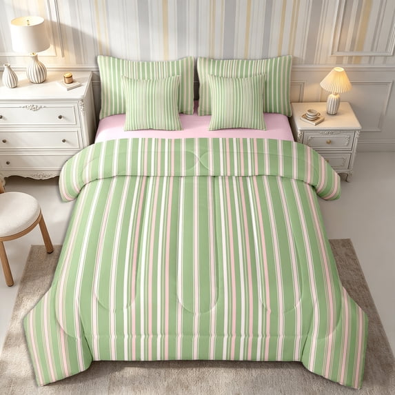 Castle Fairy Geometric Vertical Stripe King Bedding 7pcs,Minimalist Thin Line King Bed in a Bag,Sage Pink White,Reversible