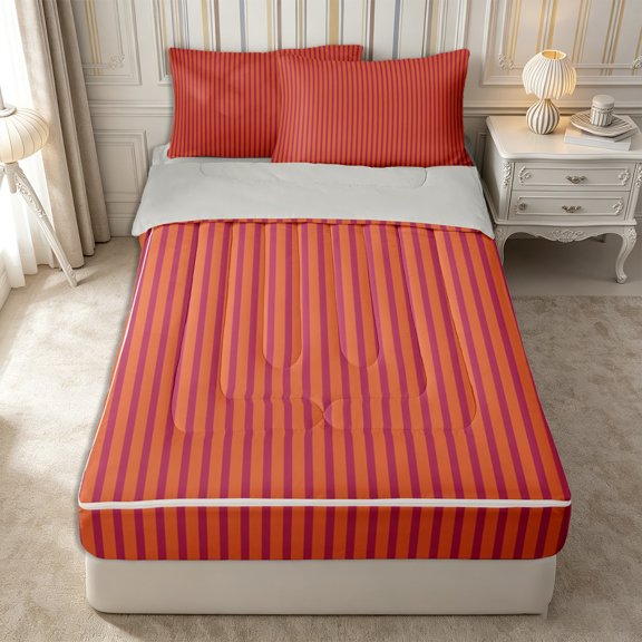 Castle Fairy Geometric Vertical Stripe Zipper Twin Comforter Sets with Fitted Sheet and 2 Pillowcases,Abstract Minimalist Thin Line Zipper Bedding Set,Rust Terracotta,Reversible
