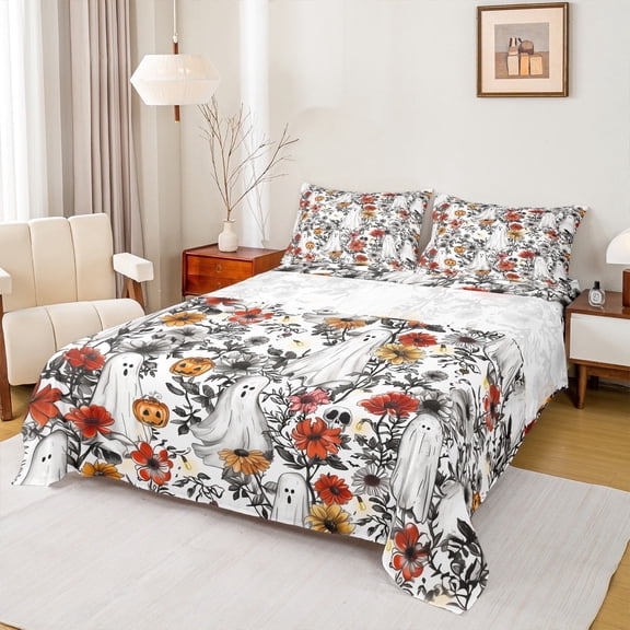 Castle Fairy Ghost Skull 4-Piece Full Size Sheets,Floral Pumpkin Bed Sheets,Happy Halloween Lightweight Sheet Sets,Breathable Festival Home Decor