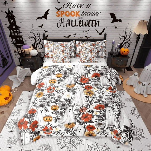 Castle Fairy Ghost Skull 7-Piece Twin Bedding Sets,Floral Pumpkin Bedding Comforter Set,Happy Halloween Breathable Sheet Sets,Breathable Festival Home Decor,Reversible
