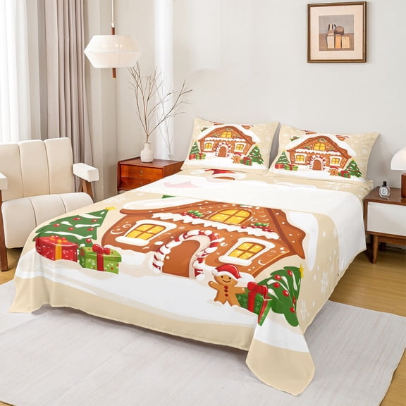 Castle Fairy Gingerbread Man 3Pcs Twin Sheet Sets for For Teens Women Men,Merry Christmas Twin Fitted Sheet,Xmas Festival Theme Breathable Flat Sheet,Breathable Home Decor