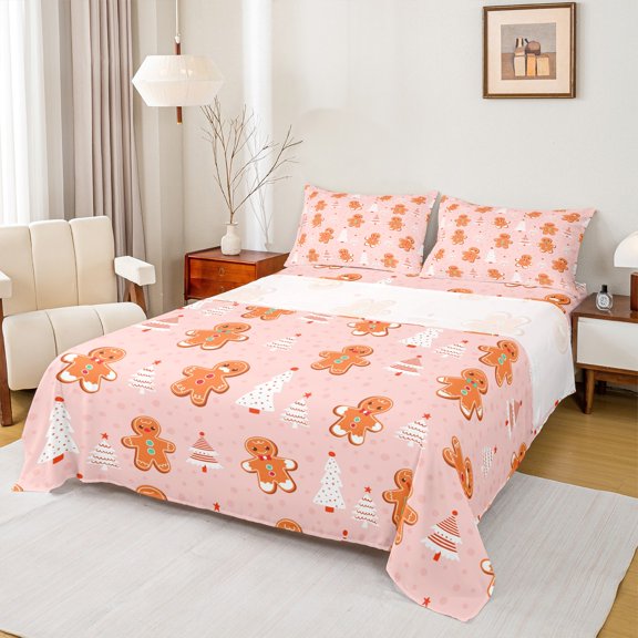 Castle Fairy Gingerbread Man 3pcs Twin Sheet Sets,Christmas Tree Twin Fitted Sheet,Pink Brown Breathable Flat Sheet,Luxury Child Bedroom Decor
