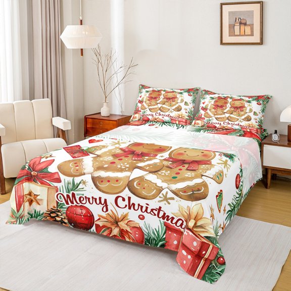 Castle Fairy Gingerbread Man 3pcs Twin Sheet Sets for Girls,Kawaii Bowknot Twin Fitted Sheet,Happy New Year Breathable Flat Sheet,Breathable Home Decor