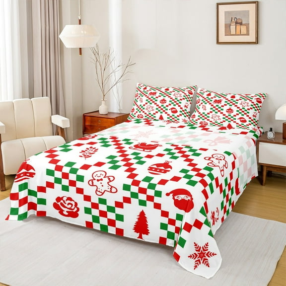 Castle Fairy Gingerbread Man 3pcs Twin Sheet Sets for Teenagers,Green Red Twin Fitted Sheet,Merry Christmas Breathable Flat Sheet,Super Cozy Room Decor