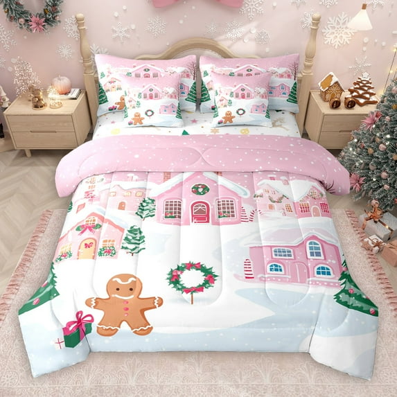 Castle Fairy Gingerbread Man 7-Piece Twin Bedding Sets for For Kids Children Boys Girls,Merry Christmas Bedding Comforter Set,Happy New Year Breathable Sheet Sets,Super Cozy Room Decor