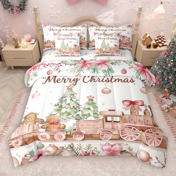 Castle Fairy Gingerbread Man 7Pcs Bedding Comforter Set for Teens Women Men,Cartoon Bow Train Queen Bedding Sets Super Cozy,Merry Christmas Xmas Queen Sheet Sets,Lightweight Room Decor