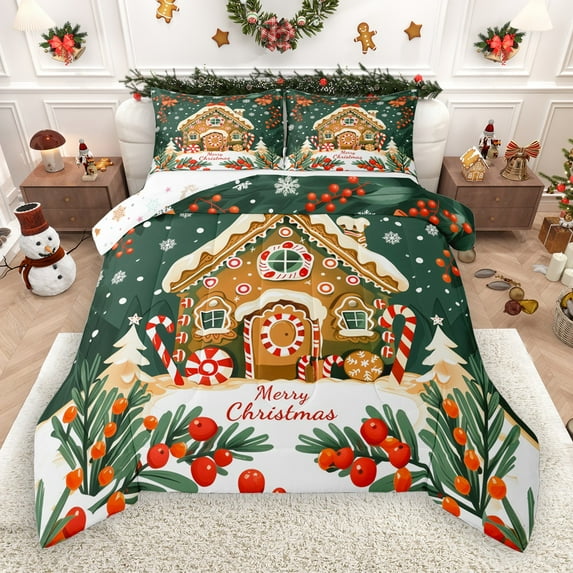 Castle Fairy Gingerbread Man Candy Cane 2Pcs Bedding Comforter Set for Kids Children Boys Girls,Merry Christmas Twin Comforter Sets,Xmas Festival Theme Breathable Bedding Set,Breathable Home Decor