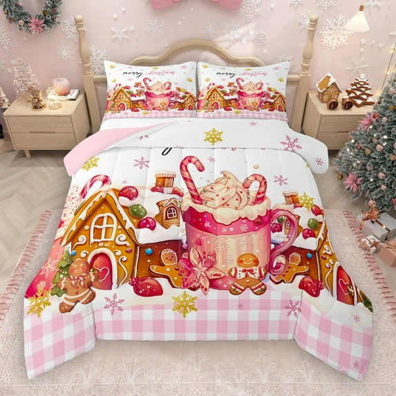 Castle Fairy Gingerbread Man Candy Cane 2Pcs Bedding Comforter Set for Teens Women Men,Happy Christmas Snowflake Twin Comforter Sets,Pink Geometric Plaid Breathable Bedding Set
