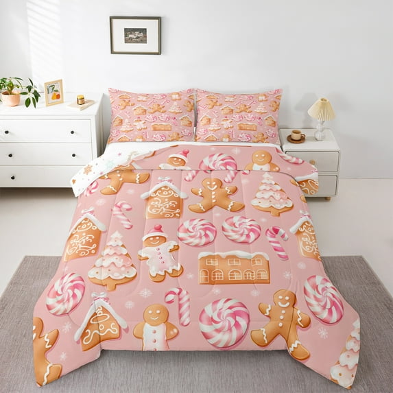 Castle Fairy Gingerbread Man Candy Cane 3-Piece Full Size Comforter Sets for Teens Girls Boys,Merry Christmas Bedding Comforter Set,Happy New Year Lightweight Bedding Sets,Super Cozy Room Decor