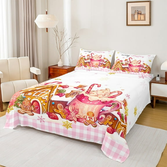 Castle Fairy Gingerbread Man Candy Cane 3Pcs Twin Sheet Sets for Teens Women Men,Happy Christmas Snowflake Twin Fitted Sheet,Pink Geometric Plaid Breathable Flat Sheet,Ultra Soft Home Decor