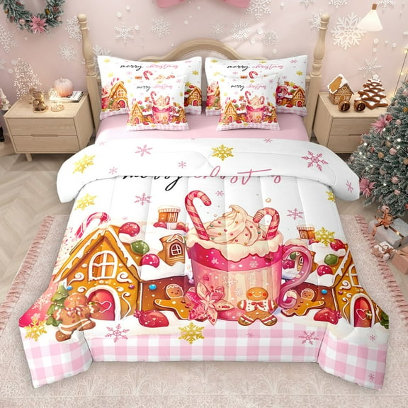Castle Fairy Gingerbread Man Candy Cane 7-Piece Twin Bedding Sets for Teens Women Men,Happy Christmas Snowflake Bedding Comforter Set,Pink Geometric Plaid Breathable Sheet Sets