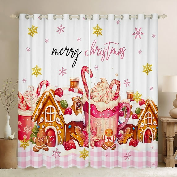 Castle Fairy Gingerbread Man Candy Cane Black Out Curtains for Teens Women Men,Happy Christmas Snowflake Curtains Pack Of 2 (42X63 Each),Pink Geometric Plaid Bedroom Curtains,Ultra Soft Home Decor