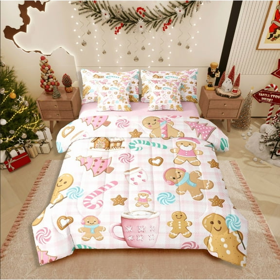 Castle Fairy Gingerbread Man Girl 7-Piece Twin Bedding Sets,Geometric Plaid Bedding Comforter Set,Merry Christmas Breathable Sheet Sets,Breathable Home Decor