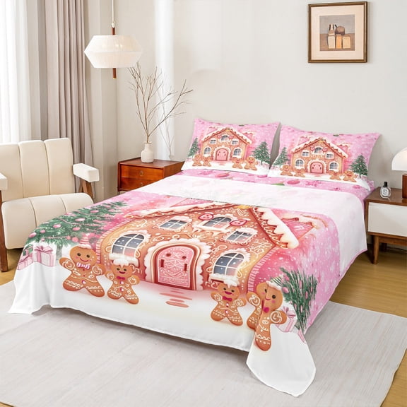 Castle Fairy Gingerbread Man House 3pcs Twin Sheet Sets for Kids,Merry Christmas Twin Fitted Sheet,Festival Xmas Breathable Flat Sheet,Super Cozy Room Decor