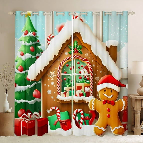 Castle Fairy Gingerbread Man House Blackout Curtains Set of 2 (52x84 Each) for Teens,Candy Cane Window Curtains,Merry Christmas Curtains and Drapes,Microfiber Bedroom Decor