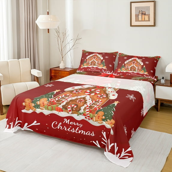 Castle Fairy Gingerbread Man Snowflake 3Pcs Twin Sheet Sets for Teens Women Men,Red Candy Cane Twin Fitted Sheet,Merry Christmas Xmas Breathable Flat Sheet,Lightweight Room Decor