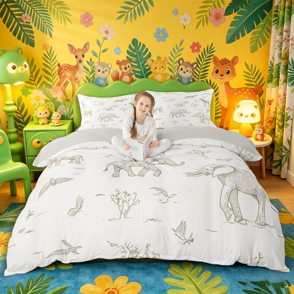 Castle Fairy Giraffe Elephant Wildlife Bedding for Boys,African Animal Duvet Cover Full,Brown White,Grey Reversible,3pcs,No Comforter,1 Duvet Cover and 2 Pillowcases