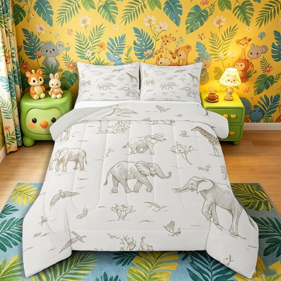 Castle Fairy Giraffe Elephant Wildlife Full Size Comforter Sets 3-Piece for Boys,African Animal Bedding Comforter Set,Brown White,Grey Reversible,1 Comforter and 2 Pillowcases