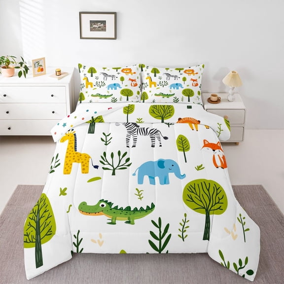 Castle Fairy Giraffe Elephant Zebra Queen Comforter Set,Wildlife Bedding Comforter Set