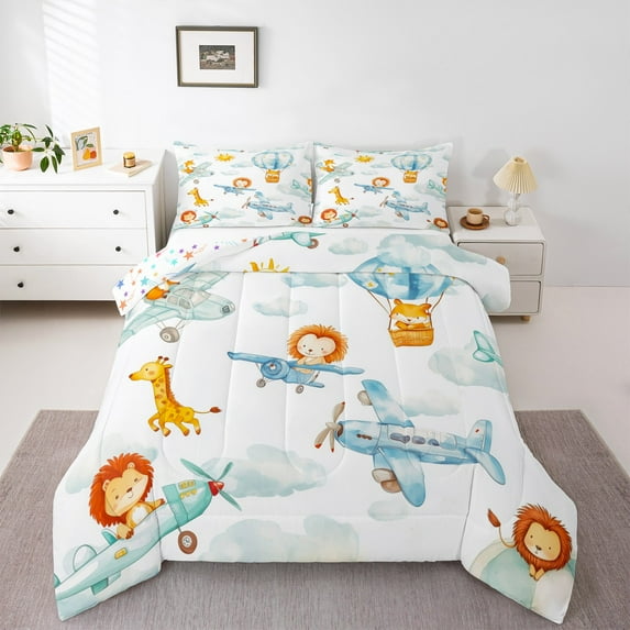 Castle Fairy Giraffe Lion Fox 2Pcs Bedding Comforter Set for Preppy Kids Child,Kawaii Plane Twin Comforter Sets,Cartoon Animal Breathable Bedding Set,Super Cozy Room Decor