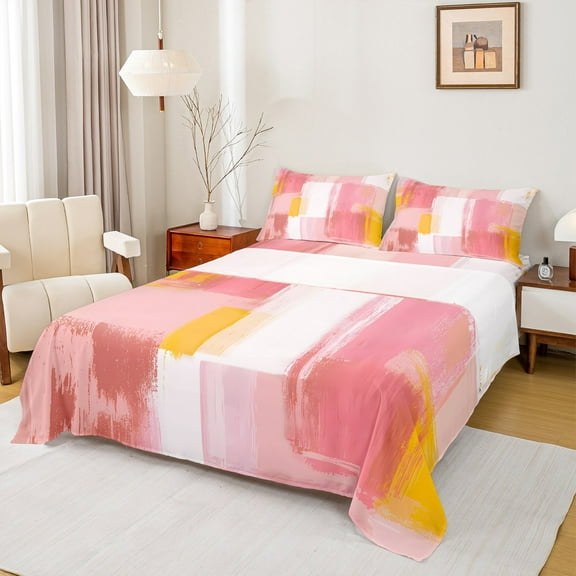 Castle Fairy Girls Abstract Rectangle 3pcs Twin Sheet Sets,Minimalist Geometric Twin Fitted Sheet,Yellow Pink Breathable Flat Sheet,Super Cozy Room Decor