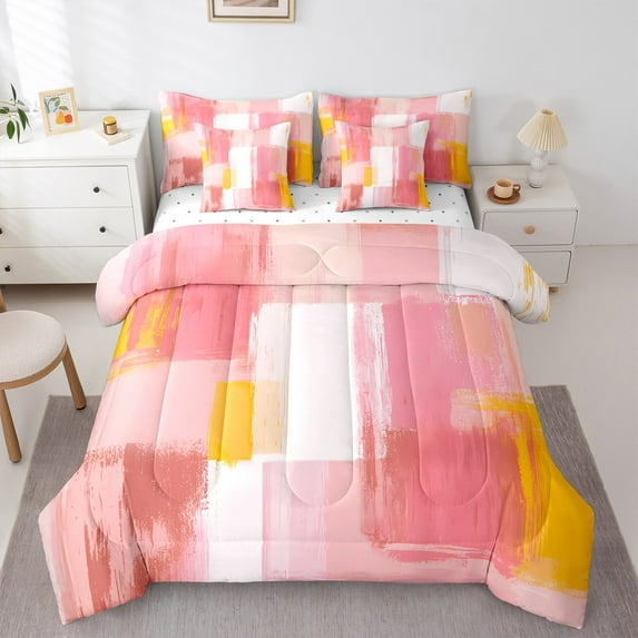 Castle Fairy Girls Abstract Rectangle 7-Piece Twin Bedding Sets,Minimalist Geometric Bedding Comforter Set,Yellow Pink Breathable Sheet Sets,Super Cozy Room Decor