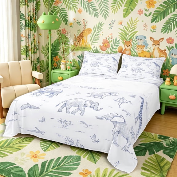Castle Fairy Girls African Animal Giraffe Elephant Bed Sheets 4-Piece,Flying Bird Tree Full Size Sheets,Blue White,1 Fitted Sheet, 1 Flat Sheet and 2 Pillowcases