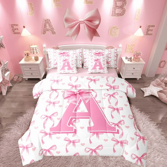 Castle Fairy Girls Alphabet A 7-Piece Twin Bedding Sets,Personalized Initial Bedding Comforter Set,Pink Bow Breathable Sheet Sets,Ultra Soft Home Decor