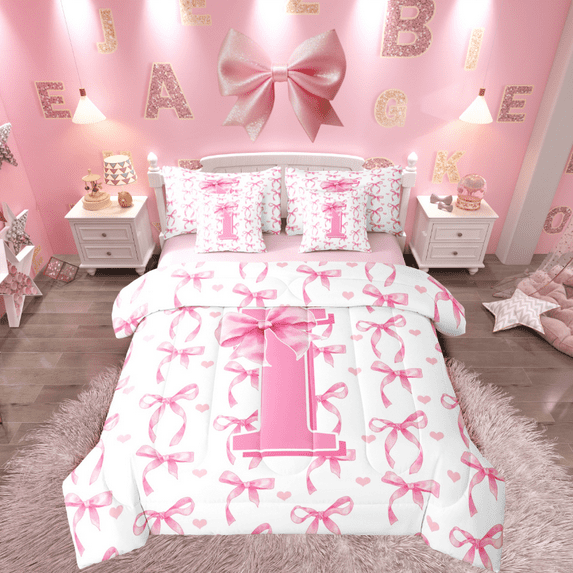 Castle Fairy Girls Alphabet I 7-Piece Bedding Comforter Set,Personalized Initial King Bedding Sets,Pink Bow Ultra Soft Bed Sheets,Ultra Soft Home Decor