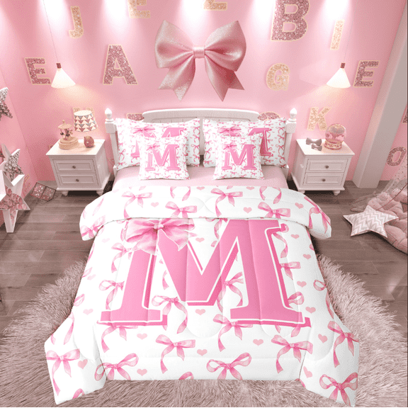 Castle Fairy Girls Alphabet M 7 Pieces Bedding Comforter Set,Personalized Initial Full Bedding Set Lightweight,Pink Bow Fitted Sheet Flat Sheet,Ultra Soft Home Decor