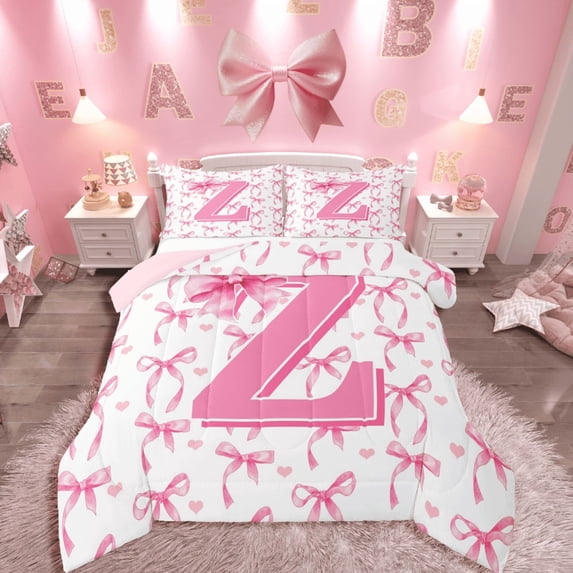 Castle Fairy Girls Alphabet Z 2pcs Bedding Comforter Set,Personalized Initial Twin Comforter Sets,Pink Bow Breathable Bedding Set,Ultra Soft Home Decor